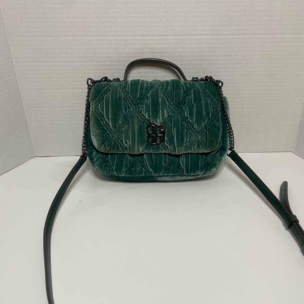 Tory Burch Green Velvet Quilted Crossbody Bag